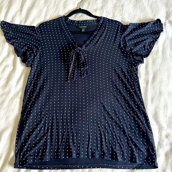 Lauren Ralph Lauren Womens Tie Neck Flutter Sleeve Navy Polka Dot Sz L Preppy - Picture 1 of 10